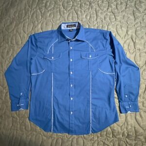 Sz 2XL Victorious Western Blue Mens Button Down Long Sleeve Shirt Contrast